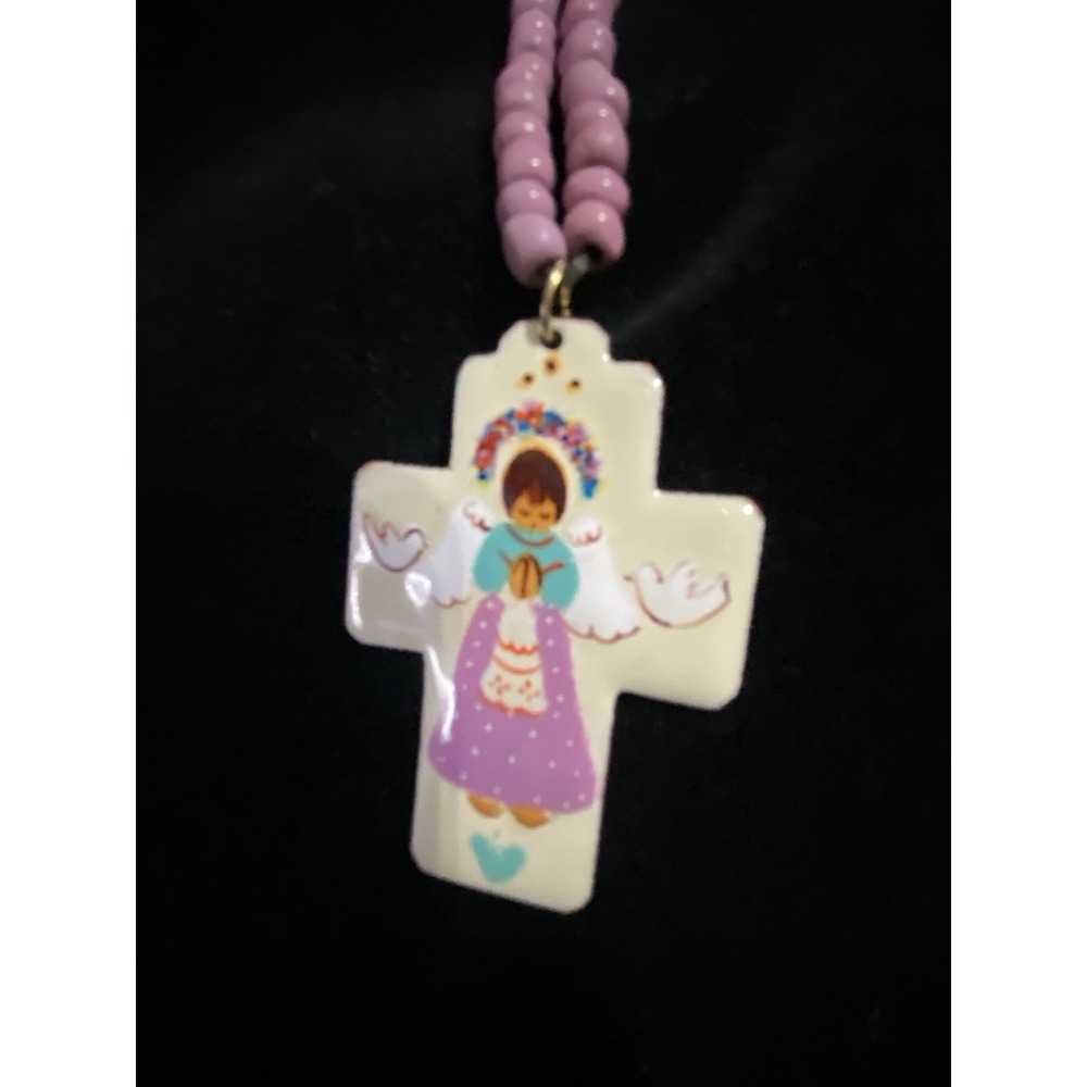Signed Painted Ángel Cross With Lavender Beads
